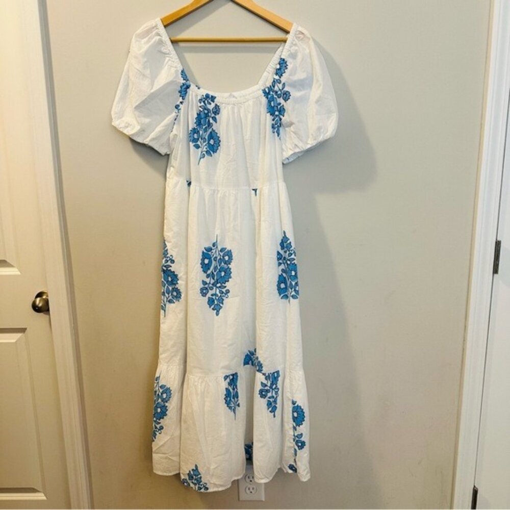 J. Crew White Blue Floral Puff-Sleeve Tiered Sz 8 Midi Dress NWT - Picture 5 of 15